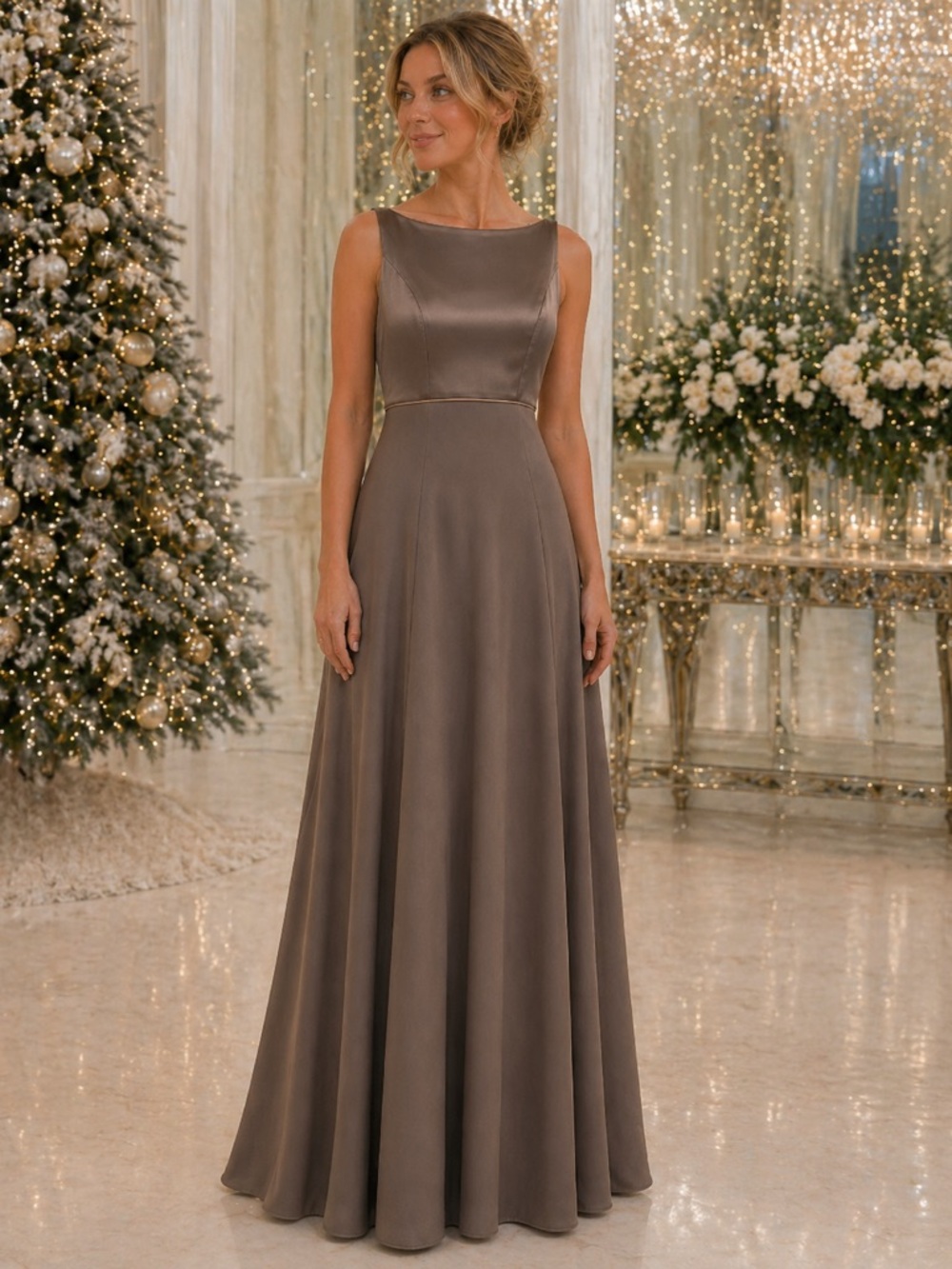 Satin Taupe Maxi Dress with Boat Neck